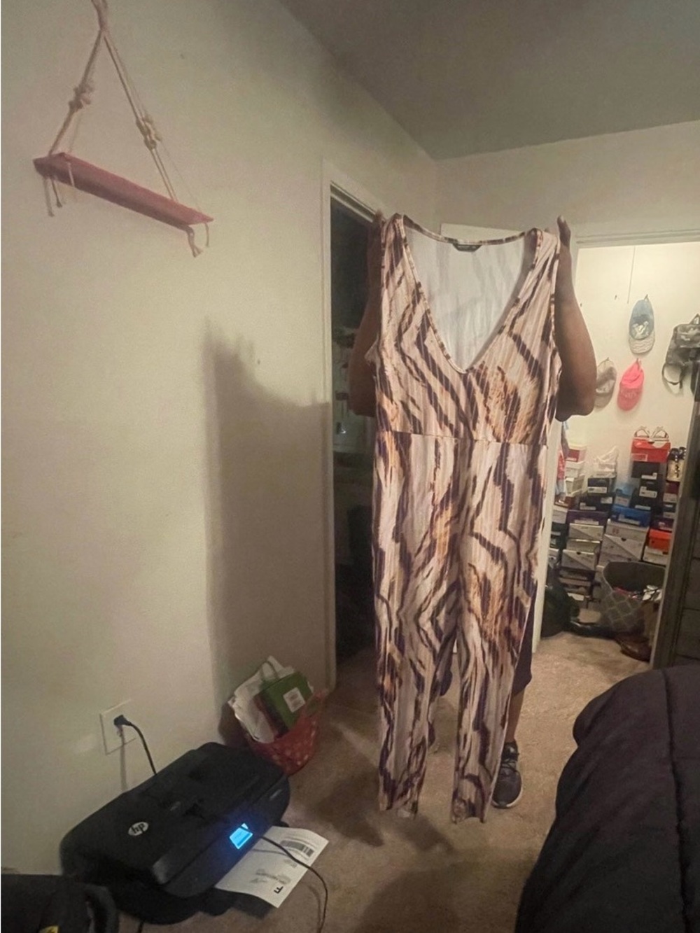 V-Neck Animal Print Jumpsuit in Beige and Black